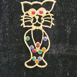 Gold Cat Brooch with Colorful Gem Accents